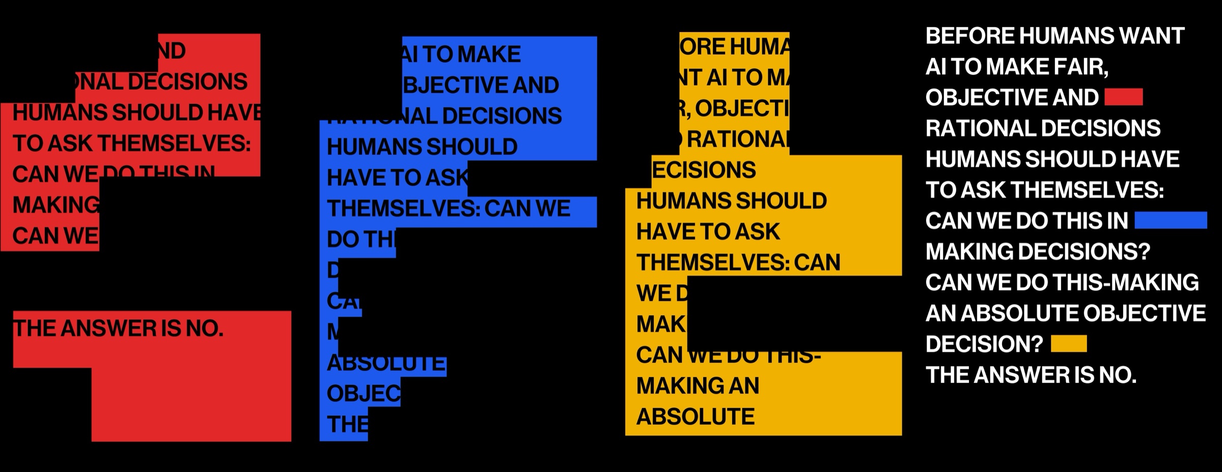Red, blue, yellow, and white statement panels designed for the [1,0,2,4] exhibition