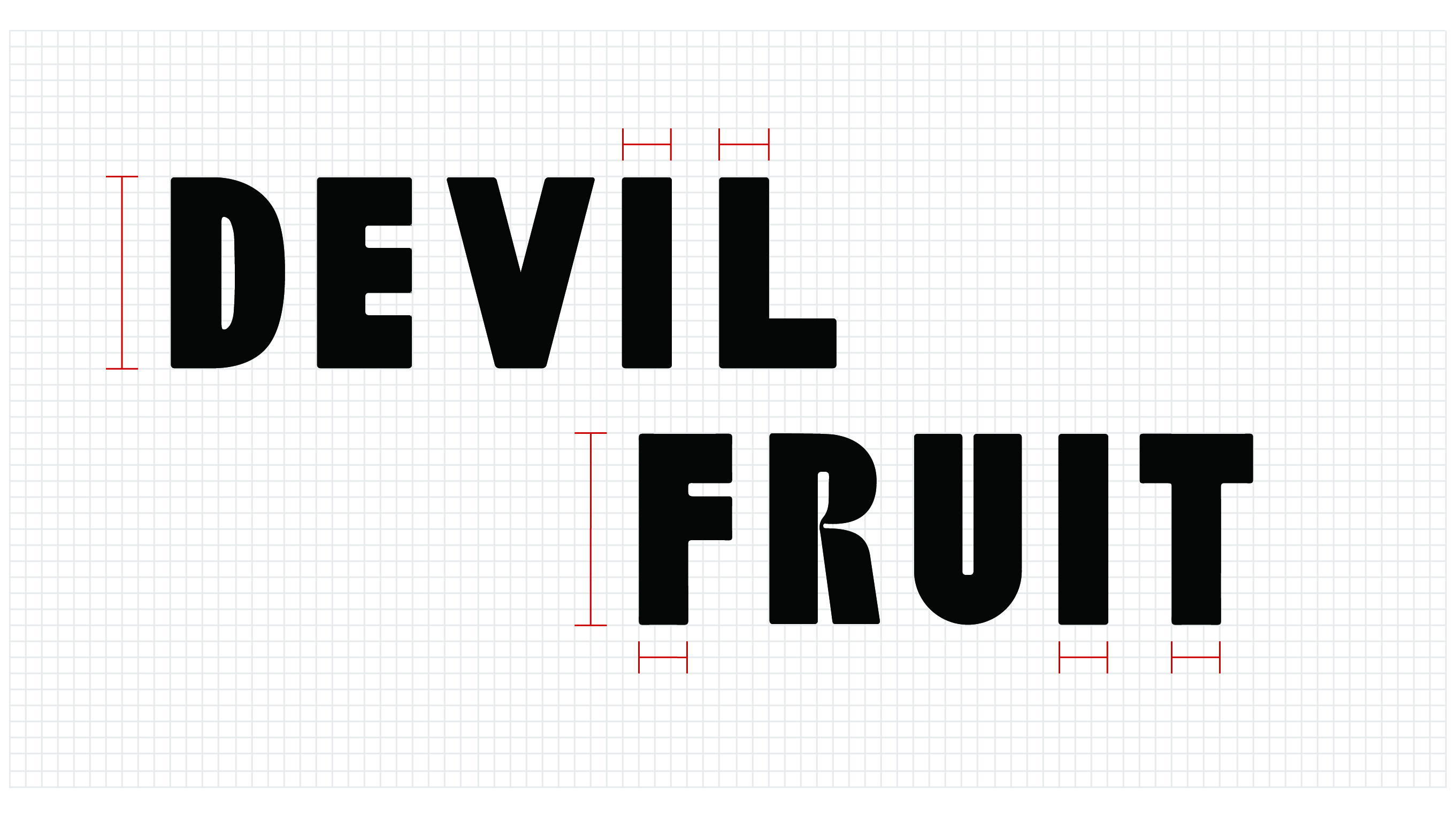Custom Devil Fruit typeface with construction grid and spacing marks