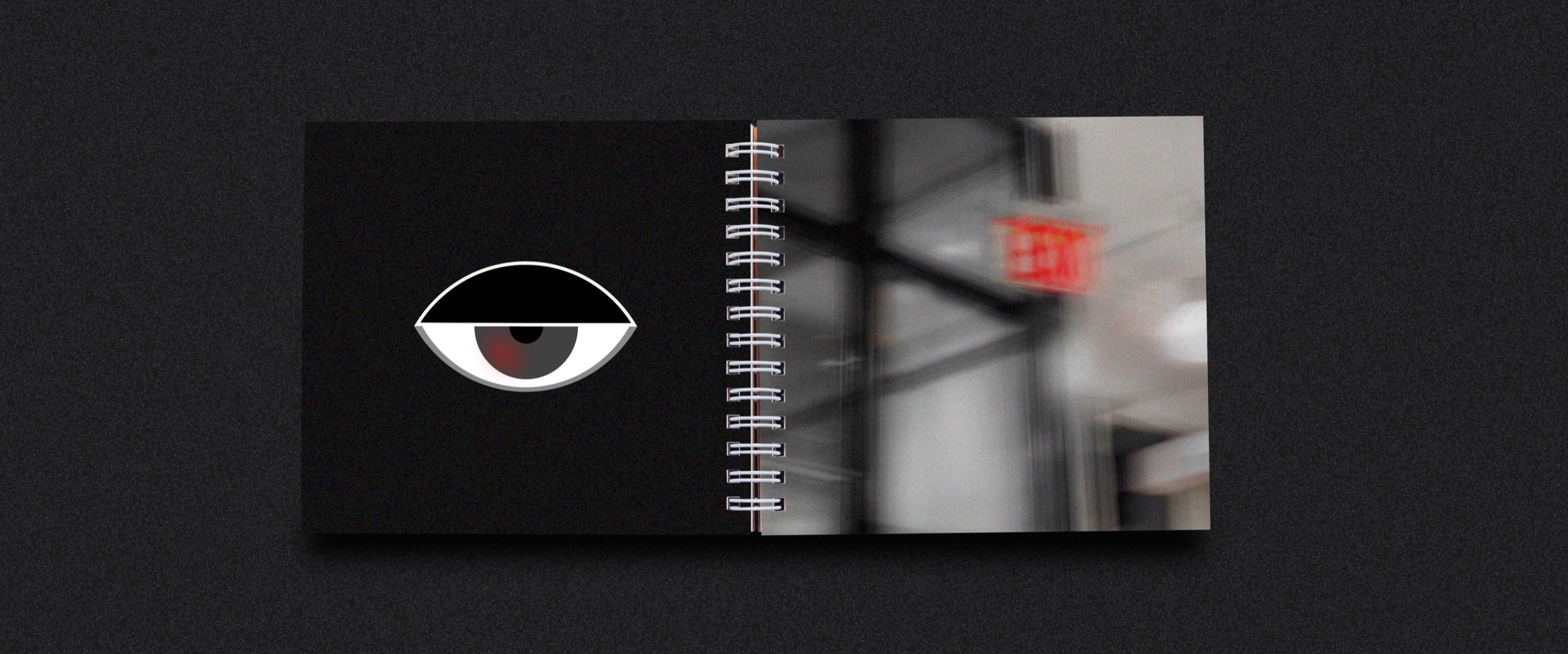 An EXIT book spread pairing a half-closed eye with a blurred exit sign
