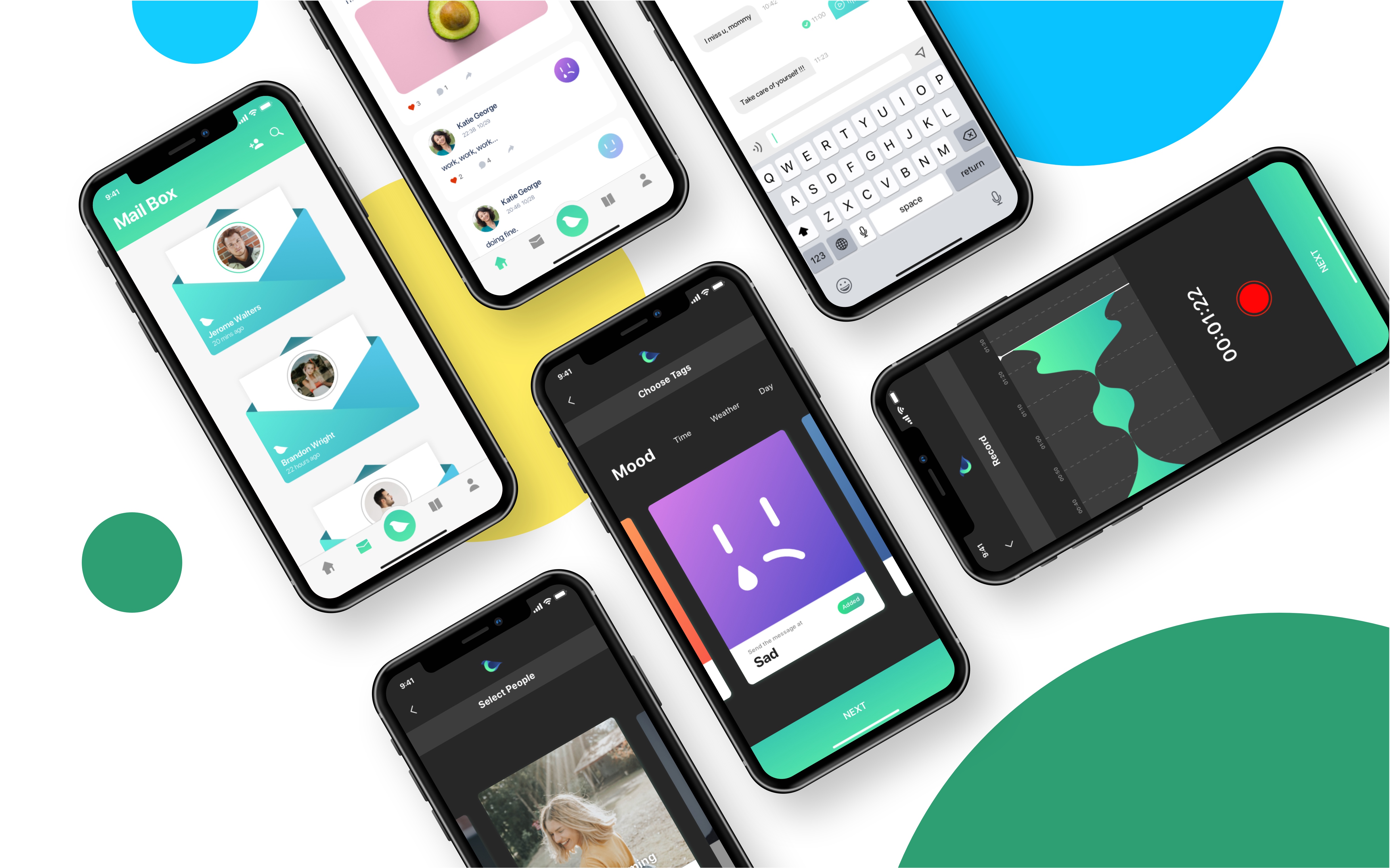 Homing app screens for mood, letters and family communication
