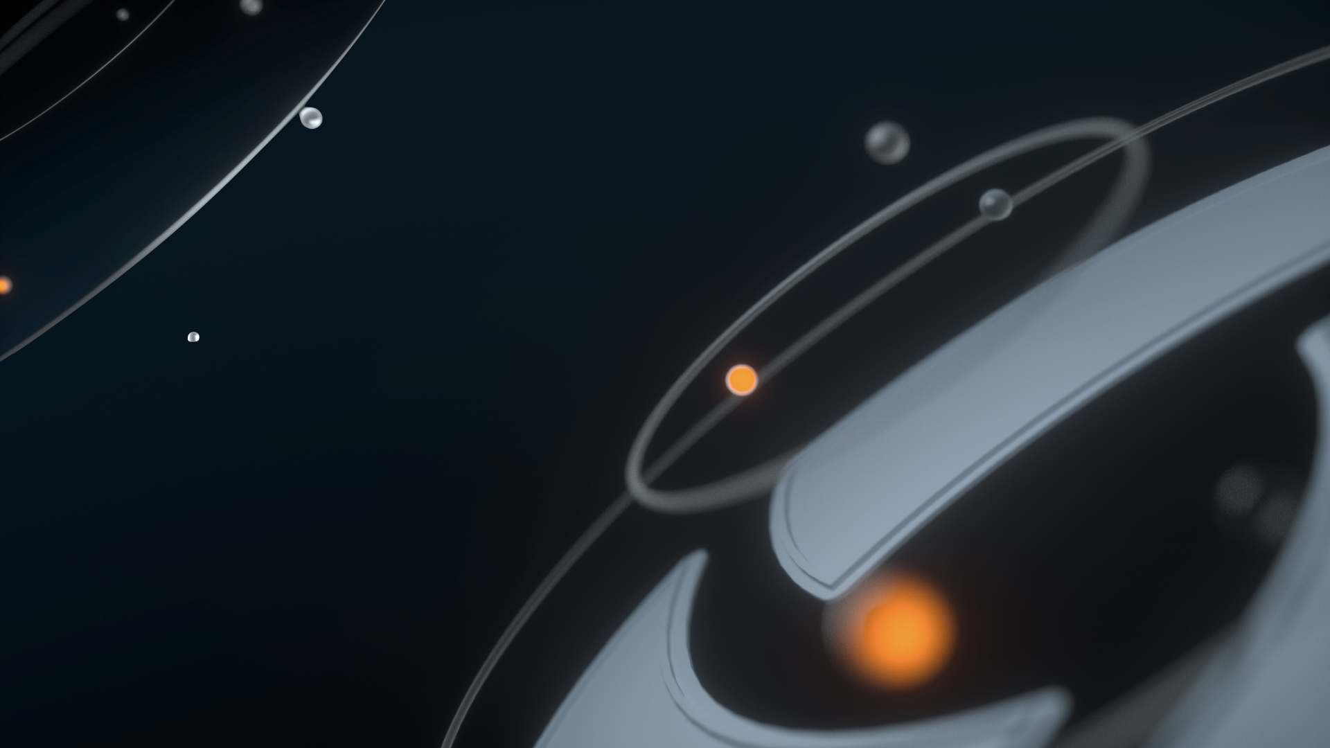 Dark Blender render of the Kuaishou Alliance visual system with orbital lines and orange lights