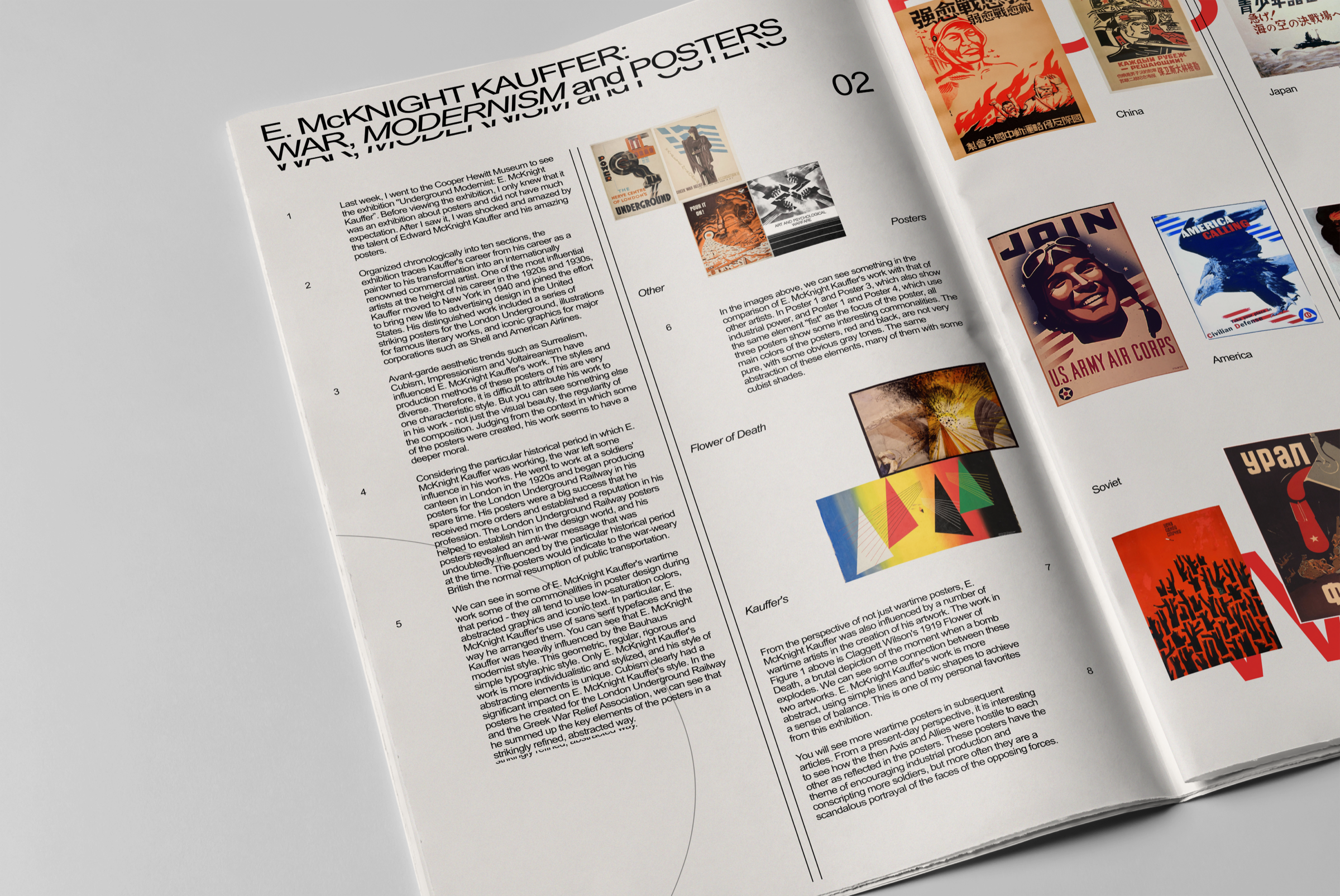 Open Modern Underground newspaper spread with text and images of E. McKnight Kauffer posters