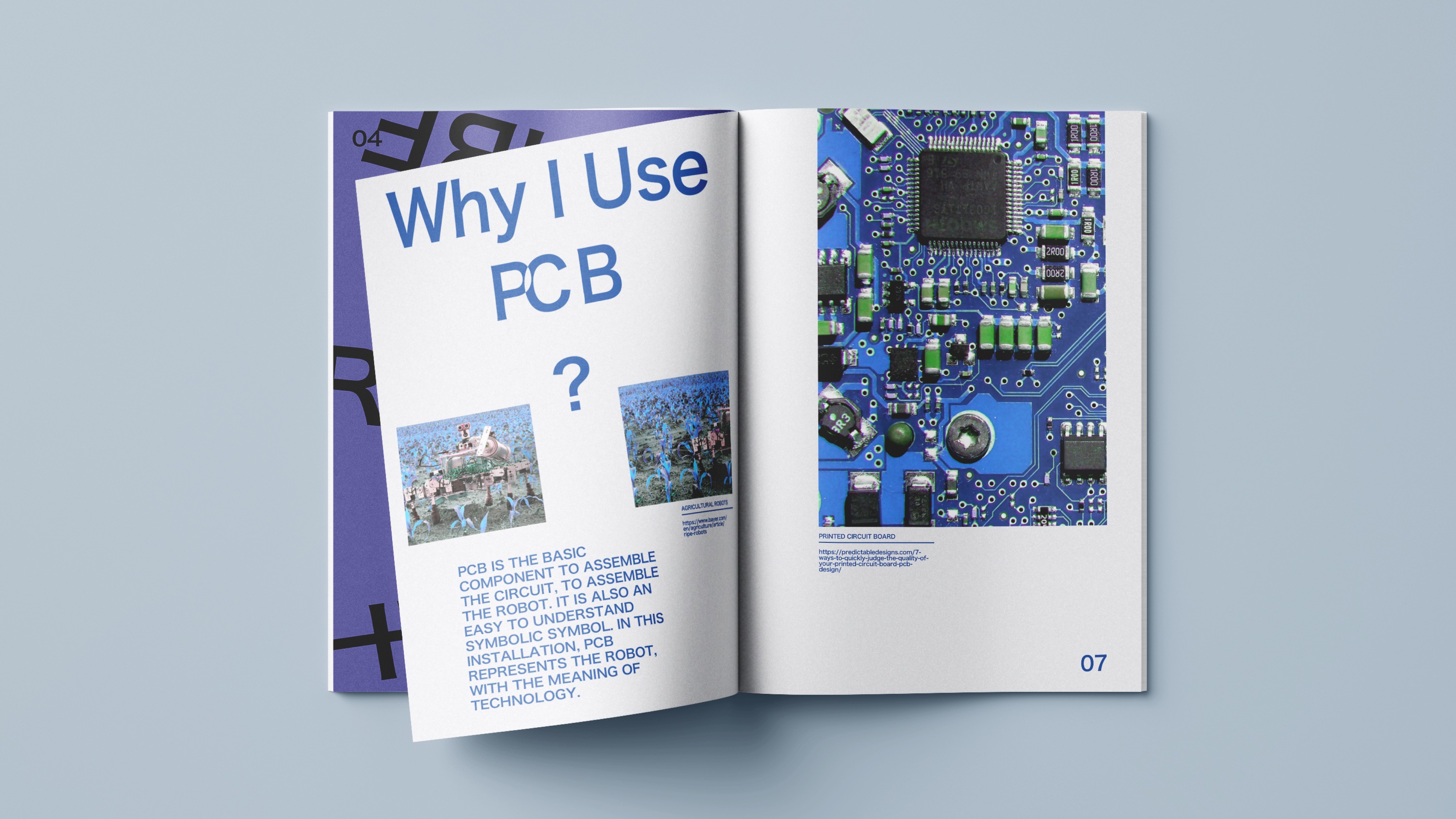 MOSSCUBE publication spread pairing a printed circuit board with text about technology