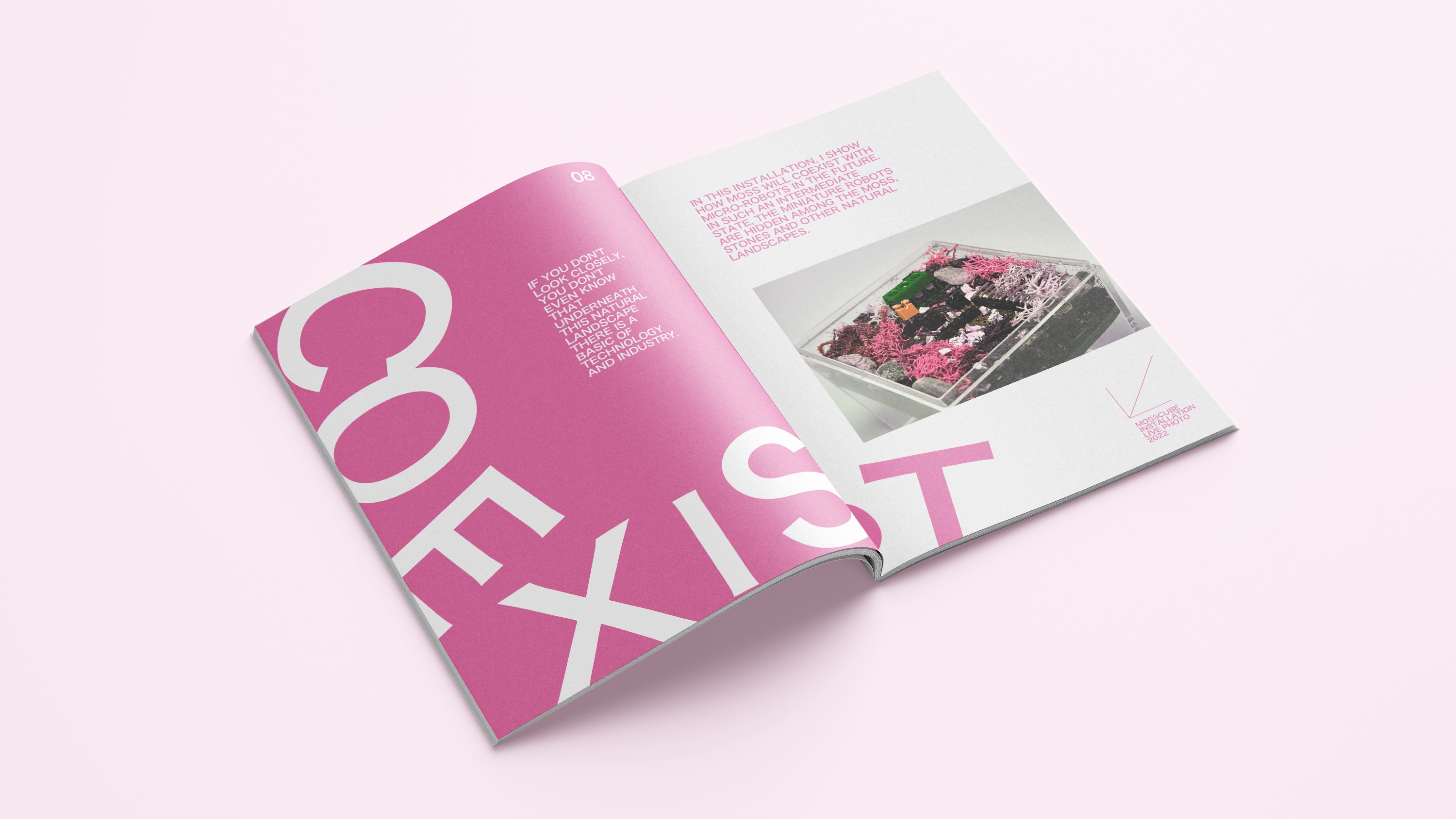 MOSSCUBE publication spread showing the installation as an imagined future ecological device