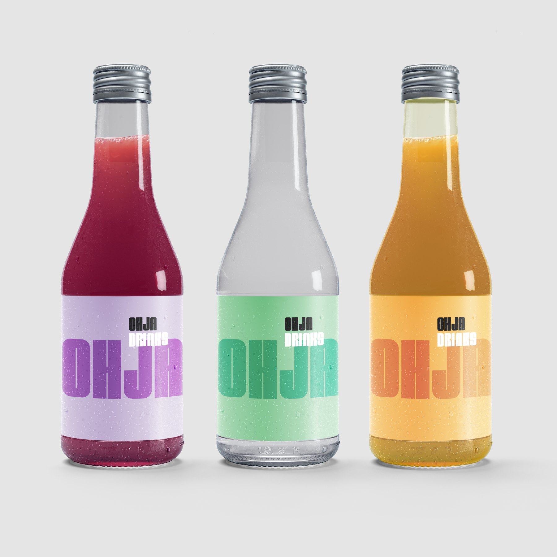 Three OHJA Drinks bottles with labels set entirely in the ORDER typeface