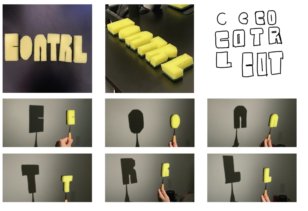 Process photographs: sponge letters spelling CONTROL, their shadows on a wall, and early sketches