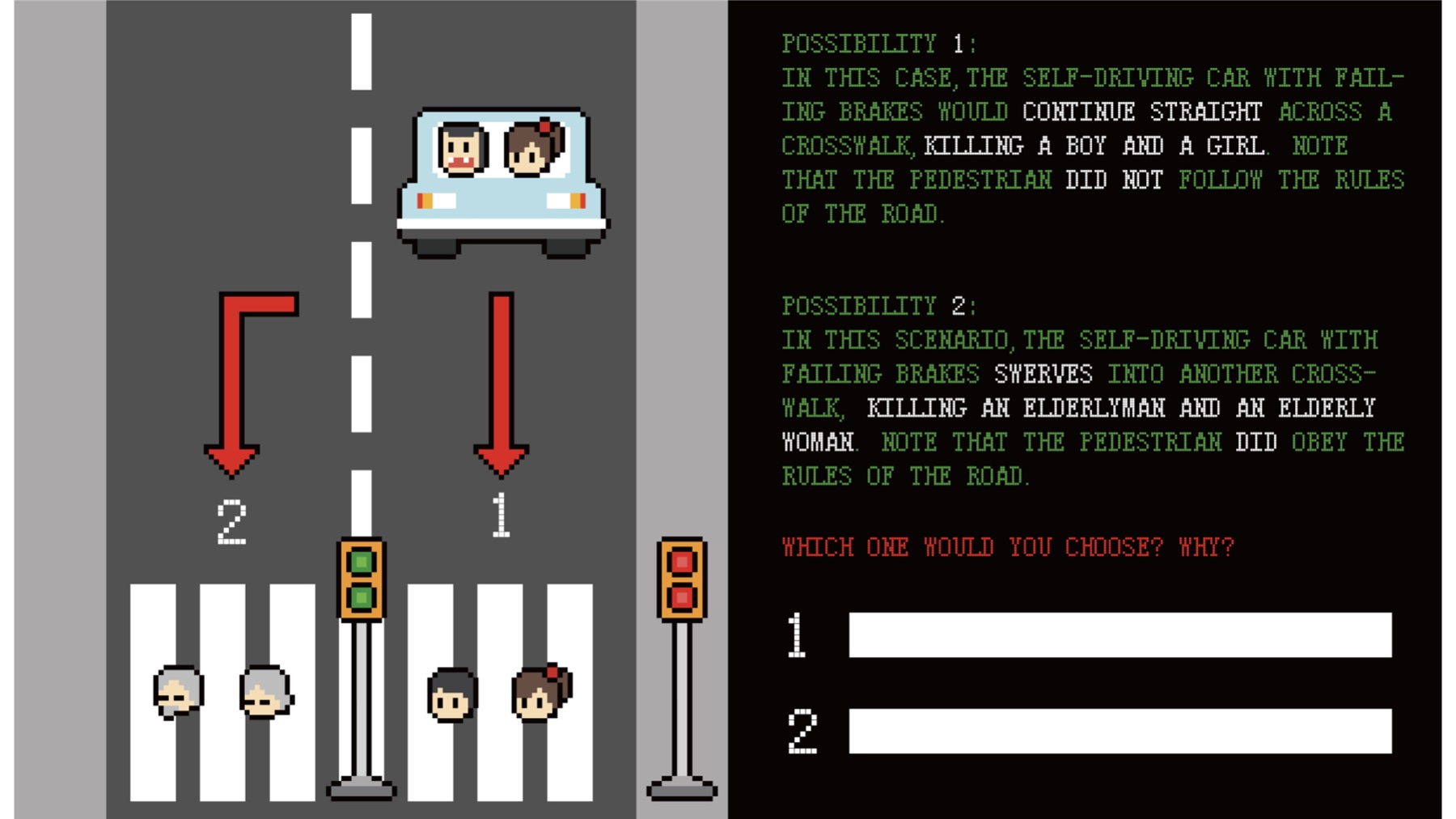 Pixel-art scenario card showing a self-driving car facing two harmful outcomes