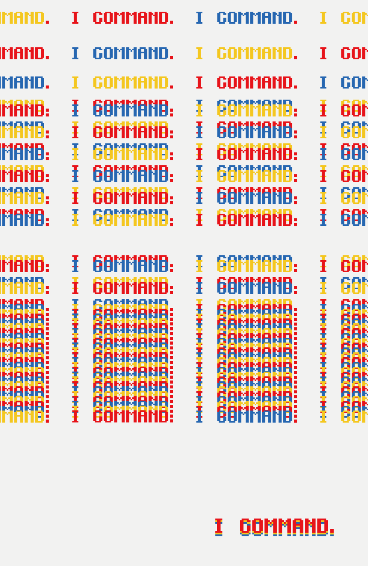 Colour pattern study built from repeated I COMMAND wordmarks
