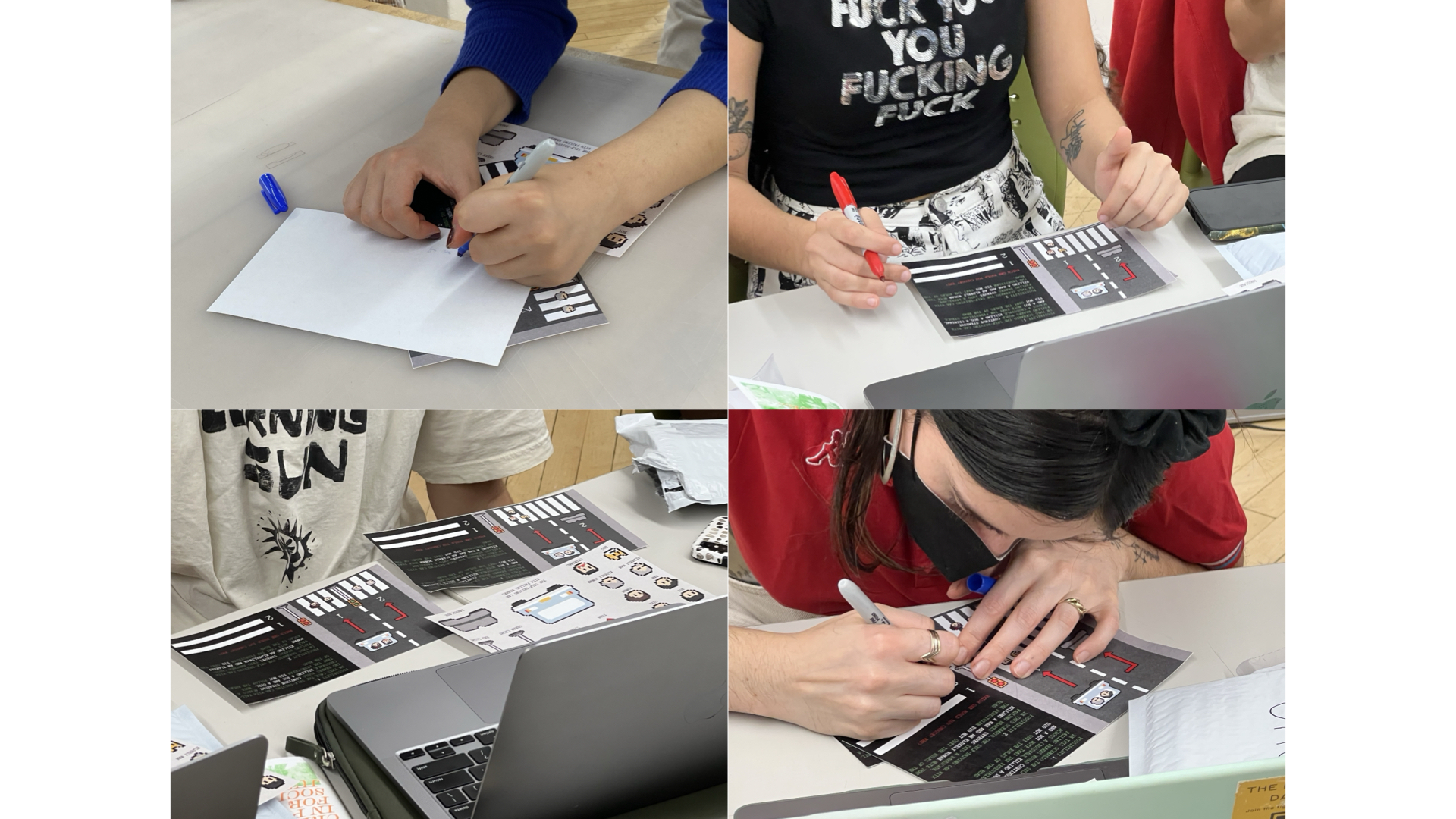 Participants using the cultural probe kit, moving pieces and writing responses