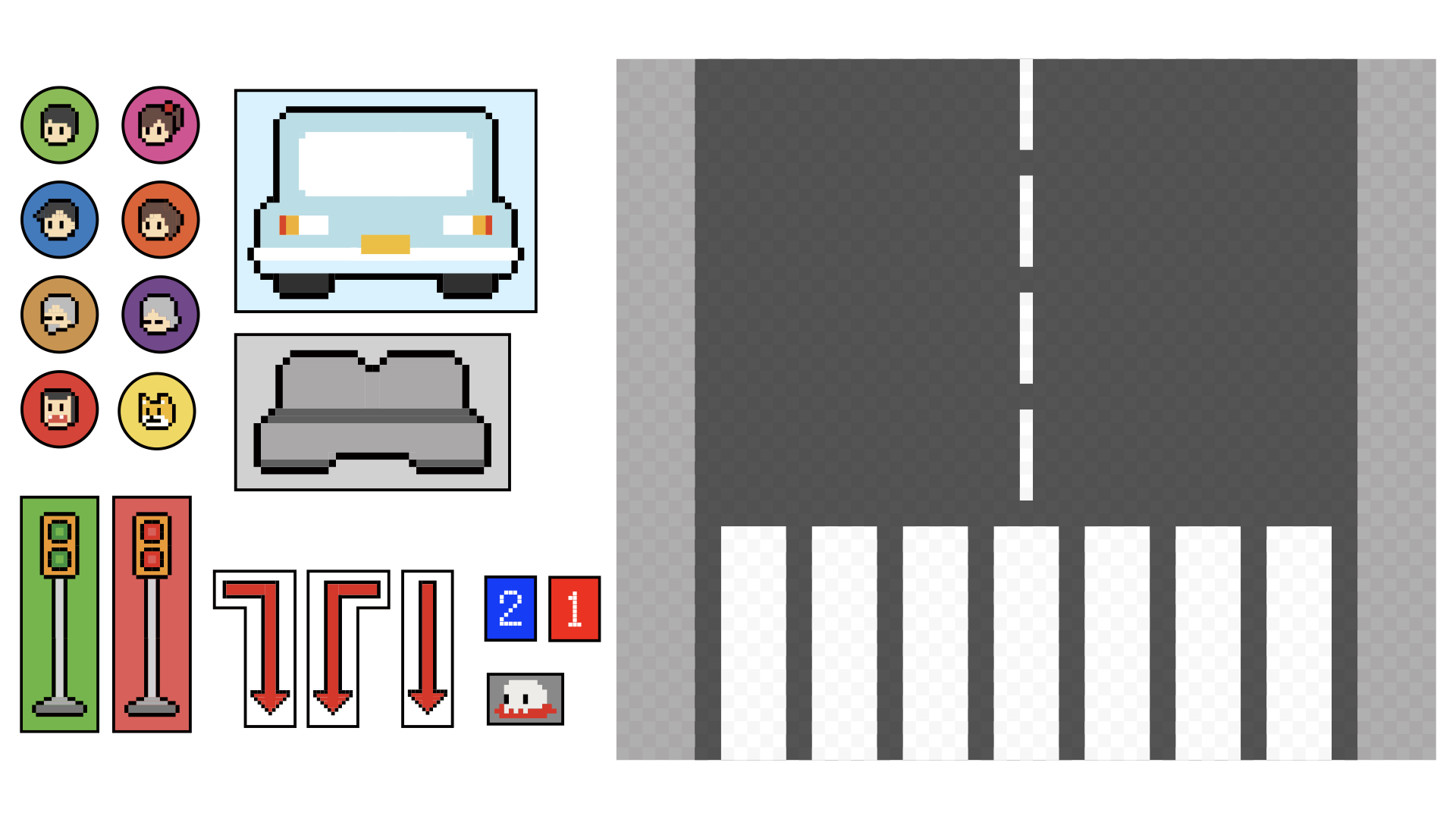 Blank cultural probe board beside its character, vehicle, traffic-light, direction, and barricade components