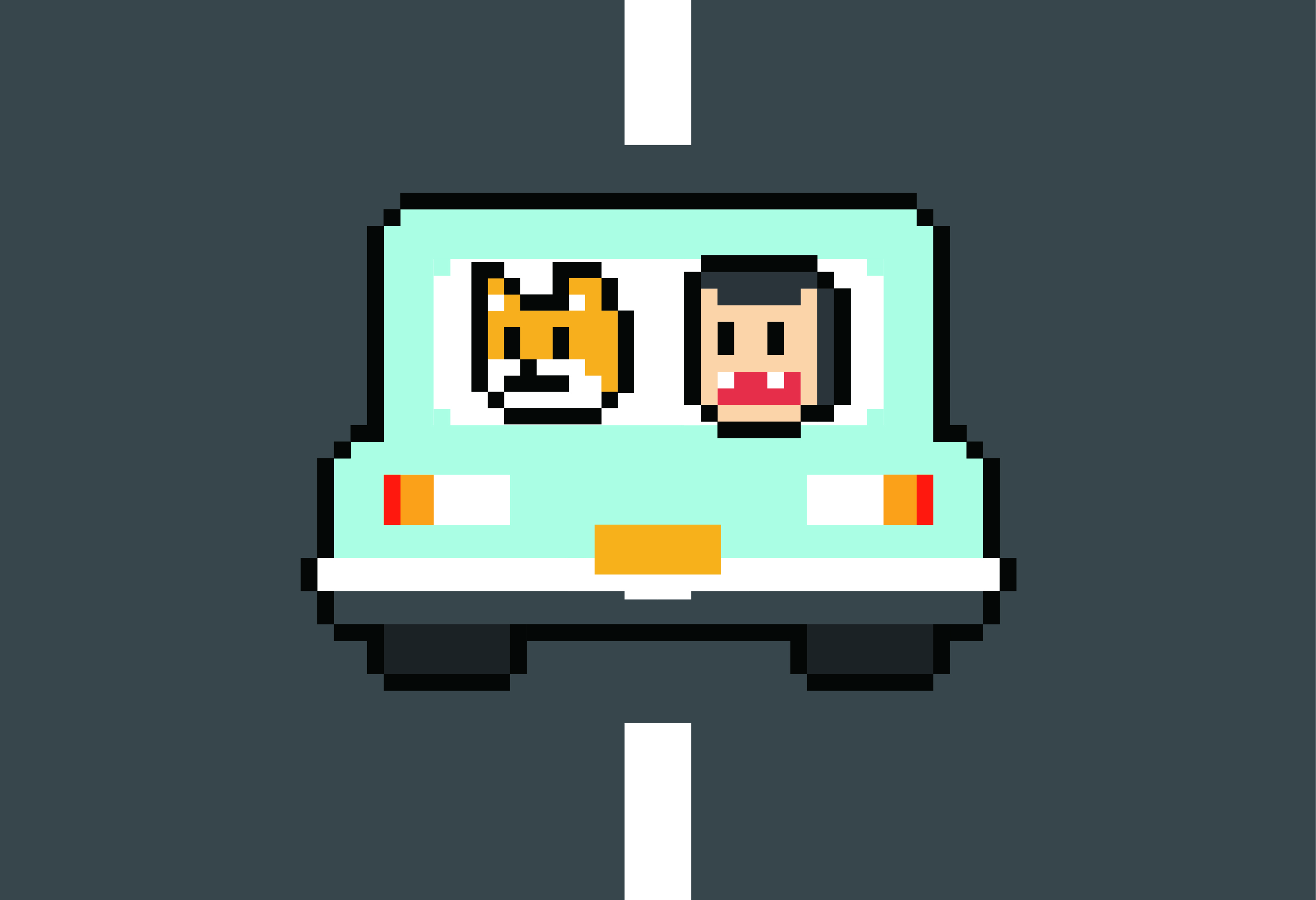 Pixel-art autonomous vehicle carrying two character tokens on a road