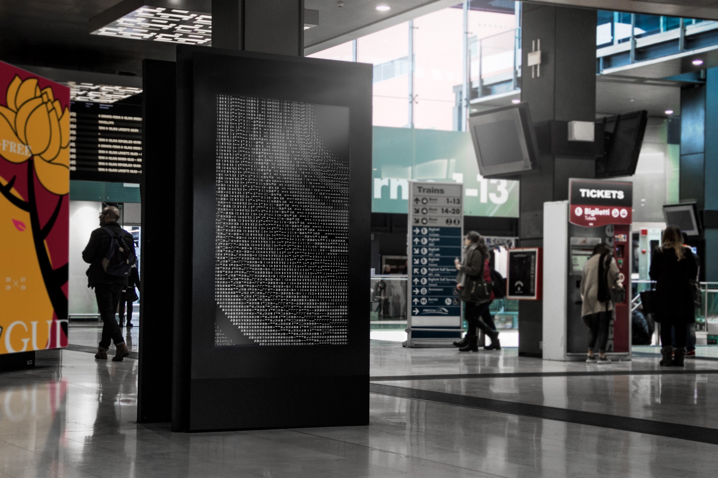 Wave public installation proposal displayed on a freestanding digital screen in a railway concourse