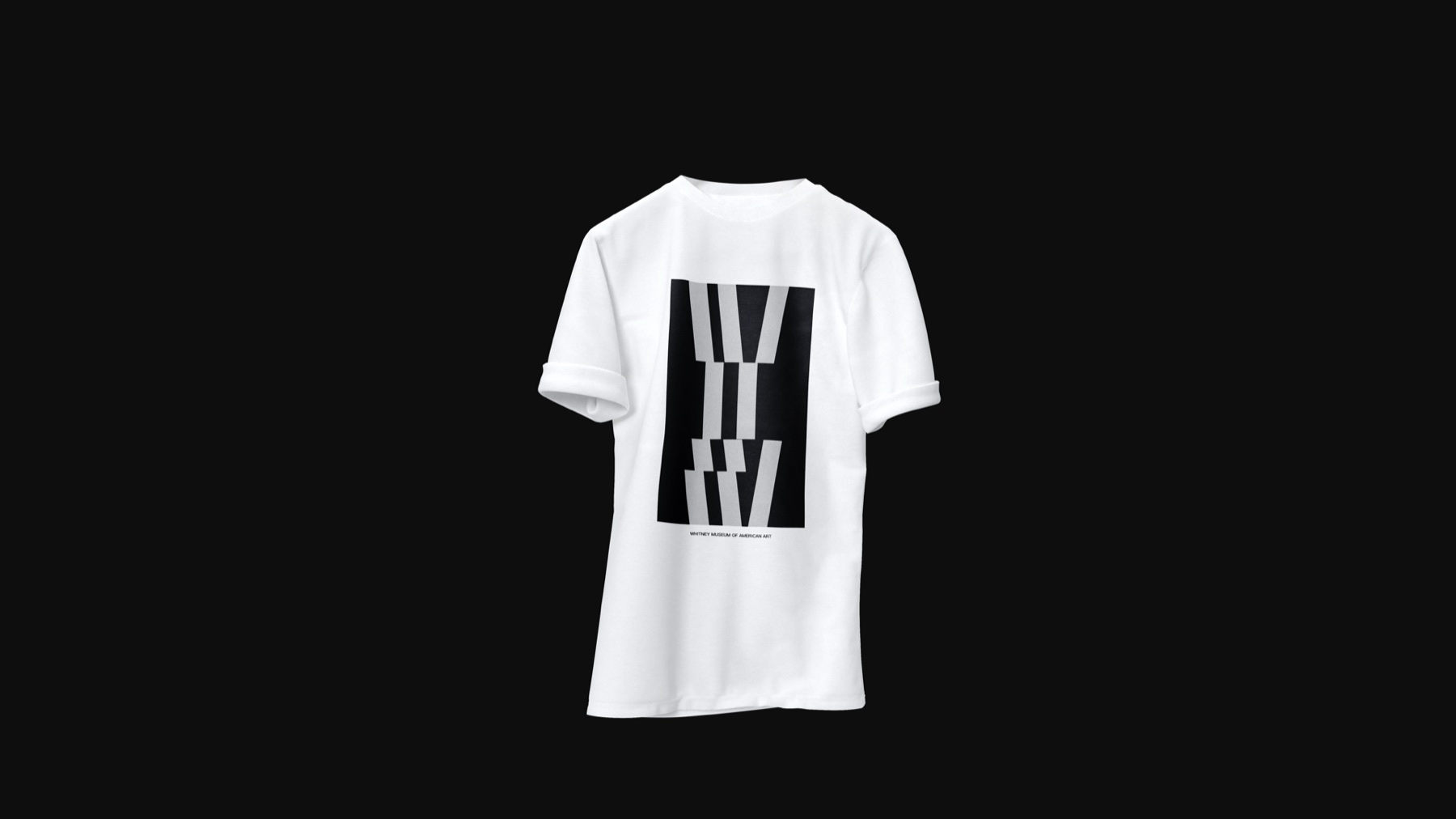 White T-shirt printed with the black and grey Whitney projection graphic